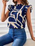 Graphic Print Mock Neck Blouse Elegant Flutter Sleeve Keyhole Back Blouse For Spring & Summer Women's Clothing