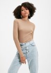 Fitted situated Collar Long Sleeve Ribbed Stretch Knit Blouse - Mink
