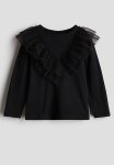 Flounce-trimmed Cotton Top - Black