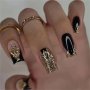 24 Pcs Press On Nails Medium Square French Tip Fake Nails Golden Glitter False Nails With Designs Glossy Black Glue On Nails Artificial Acrylic