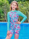 1-PIECE Girl's Swimsuit Fish Scales Pattern Zip-up Long Sleeve Romper Bathing Suit For Beach Pool Holiday Girl's Swimwear