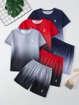 3 Set Boy's Gradient Athletic Suit Short Sleeve Top And Shorts Quick Dry Breathable Summer Basketball Sportswear