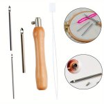 Iron Embroidery Punch Needle Set With Wooden Handle Sewing Stitch Pen For Diy Craft And Cross Stitch Tools - 1 Set