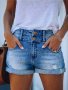 Ripped Holes Washed Denim Shorts Rolled Hem Double Button Denim Shorts Women's Denim Jeans & Clothing