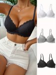 3PCS Solid Scallop Trim Underwire Bra Sexy Comfy Push Up Bra Women's Lingerie & Underwear