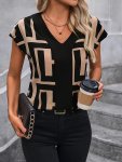 Geo Print V Neck Blouse Elegant Batwing Sleeve Blouse For Summer & Spring Women's Clothing