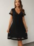 Scallop Trim V Neck Dress Elegant Lace Sleeve Mesh Contrast Dress For Spring & Summer Women's Clothing