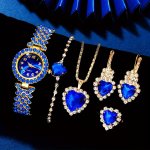 6PCS SET Women's Elegant Rhinestone Quartz Watch Blue Fashion Wrist Watch & Synthetic Gem Jewelry Set Valentines Ramadan Eid Al-