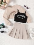 Girls' Spring autumn 3-PIECE Set Long Sleeve Blouse With Alphabet Print Skirt With Ruffles And Shoulder Strap Polyester cotton B