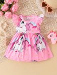 Baby's Cartoon Unicorn Rainbow Pattern Cap Sleeve Dress Infant & Toddler Girl's Dress For Daily Wear holiday party As Gift