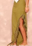 Linen Look Tassel Hem Thigh Split Maxi Skirt - Khaki
