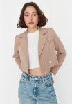 Crop Blazer Jacket With Woven Lining - Camel