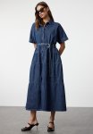 Belted Stitch Detailed Maxi Denim Dress - Blue