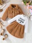 Baby Girls Winter Fur Coat + Letter Print Long Sleeve Dress Two-piece Set