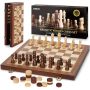2 In 1 Magnetic Chess Set & Checkers Board Game 15" Wooden Folding Chess Board With 2 Extra Queens Portable Travel Chess Set With Pieces Storage Slo