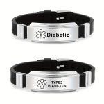 1PC Stainless Steel Diabetes Bracelet With A Black Silicone Wristband Featuring A Minimalist Design Of The Medical Symbol And Th