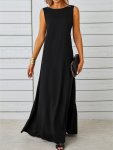 Solid Color Crew Neck Dress Elegant Sleeveless A-line Dress For Spring & Summer Women's Clothing