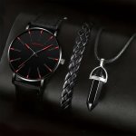 3PCS SET 1PC Round Men's Quartz Watch & 1PC Bangle & 1PC Necklace