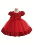 Toddler Kid's Elegant Sequin Embroidered Mesh Dress Solid Color Puff Sleeve Gowns Baby Girl's Clothing For Formal Occasion/Birthday Party/Photography
