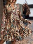 Paisley Print V-neck Dress Elegant Long Sleeve Ruffle Hem Dress For Vacation Women's Clothing