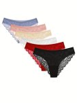 6PCS Contrast Lace Panties Mesh Breathable Scallop Trim Low Waist Panties Women's Lingerie & Underwear