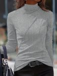 Solid Slim Turtleneck T-Shirt Casual Long Sleeve Top For Spring & Fall Women's Clothing