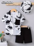 3PCS Boys Casual Sketch Dinosaur Graphic Print Comfortable Versatile Short Sleeve Collared Shirt With Hat & Shorts Set Cool Ligh