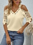 Contrast Lace Cold Shoulder Blouse Elegant V Neck Solid Short Sleeve Blouse Women's Clothing