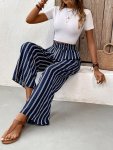Striped Straight Leg Pants Casual Color Block Ruffle Hem Elastic Waist Loose Pants For Spring & Summer Women's Clothing
