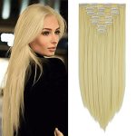Futata Clip In Hair Extensions 7 Pcs Full Head 23 Inch Long Straight Synthetic Clip Hair Piece Hairpiece For Women Bleach Blonde