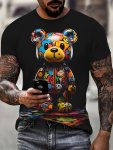 3D Graffiti Bear Pattern Print Men's Crew Neck Short Sleeve T-Shirt Casual Summer T-Shirt For Daily Wear And Vacation Resorts