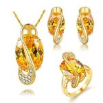 Uloveido Golden Chain Pendant Necklace Yellow Crystal Stud Earrings Rings Set For Gold Plated Yellow Stone Size 7 Y183