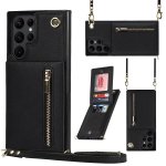 For Samsung Galaxy S22 Ultra 5G Cross-body Square Zipper Card Holder Bag Phone Case Black