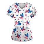4TH Of July Scrubs For Women V Neck Short Sleeve Printed Tops Cartoon Pattern Plus Size Nursing With Pockets White 5XL