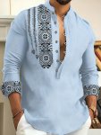 Men's Ethnic Style Trendy Geometric Pattern Long Sleeve Henley Shirts Comfy Breathable Casual Slightly Stretch Tops Men's Clothi