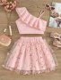 Sweet Slant Shoulder Crop Top & Mesh Splicing Skirt Two-Piece Outfits Girls Summer Set Party Gift