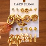 11 Pairs Golden Stud Earrings & Hoop Earrings Set With Faux Pearl Decor Elegant Simple Style All-match Earrings Female Gift