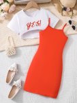 2PCS Lettes Print Short Sleeve Crop T-Shirt + Solid Color Cami Dress Set For Girls Casual And Trendy Holiday Set Summer Gift Gir