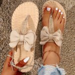 Women's Solid Color Thong Sandals Ankle Buckle Strap Lightweight Non-slip Shoes Vacation Bowknot Beach Shoes