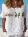 Birds Print V Neck T-Shirt Elegant Short Sleeve Top For Spring & Summer Women's Clothing