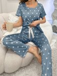Women's Heart Print Casual Lounge Set Short Sleeve Round Neck Top & Pants Comfortable Relaxed Fit