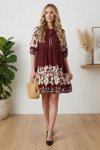 Burgundy Printed Knee Length 1 2 Sleeve Dress
