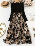 Plus Size Casual Dress Women's Plus Colorblock Floral Print Long Sleeve Round Neck Pleated Dress With Belt
