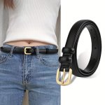 Chic Women's Faux Leather Belt With Golden Pin Buckle - Versatile For Jeans Skirts & Casual Wear