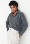 Soft Textured Zip-up Sweater - Anthracite
