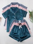 3 Sets Satin Pajama Set Short Sleeve Lapel Top & Bow Shorts Women's Sleepwear & Loungewear