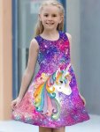 Fashion Girls Rainbow Unicorn Print Sleeveless A-line Casual Dress