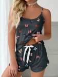 Butterfly Print Pajama Set Cute & Comfy Crew Neck Cami Top & Bow Tie Elastic Waistband Shorts Women's Sleepwear & Loungewear