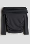 Off-the-shoulder Jersey Top - Dark Grey