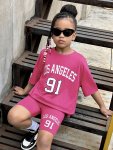 Minimalist Style Tween Girl 2PCS 'los Angeles 91' Letter Graphic Short Sleeve T-Shirt & Biker Shorts Co-ords Set Summer Casual S